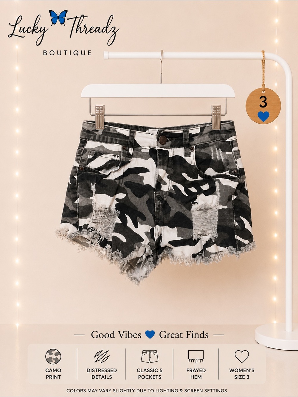 True Gypsy Gray, Black & White Camo Distressed Denim Shorts 3